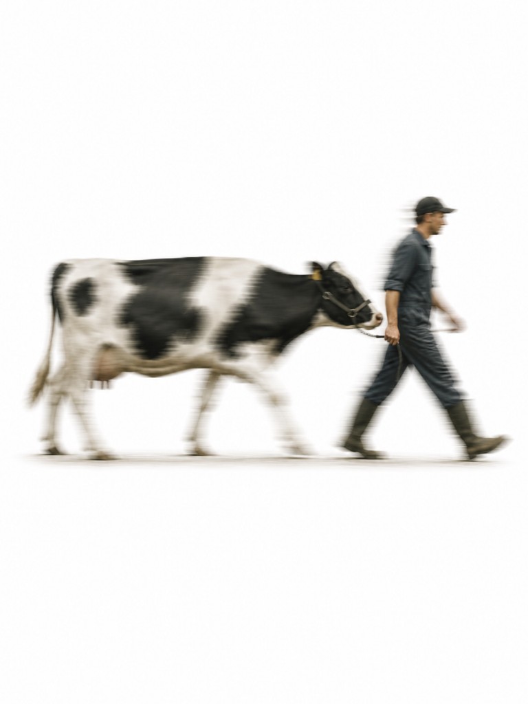 A small farmer leading a cow